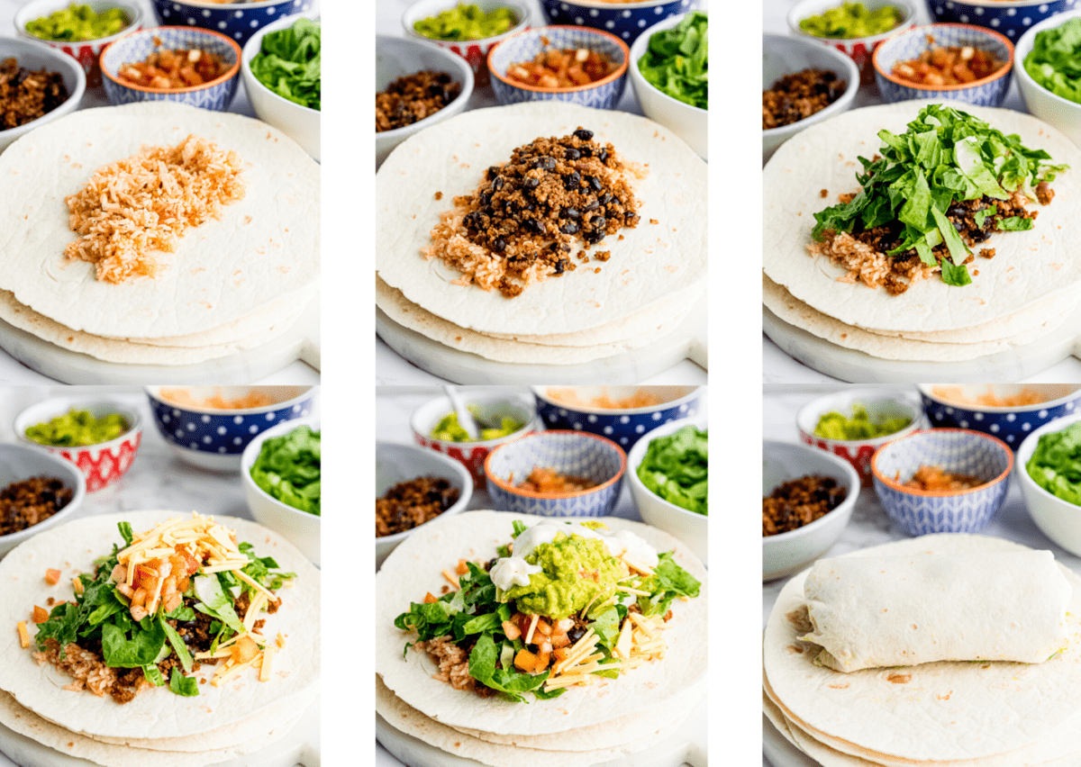 step by step photos on making a burrito that are also explained in instructions