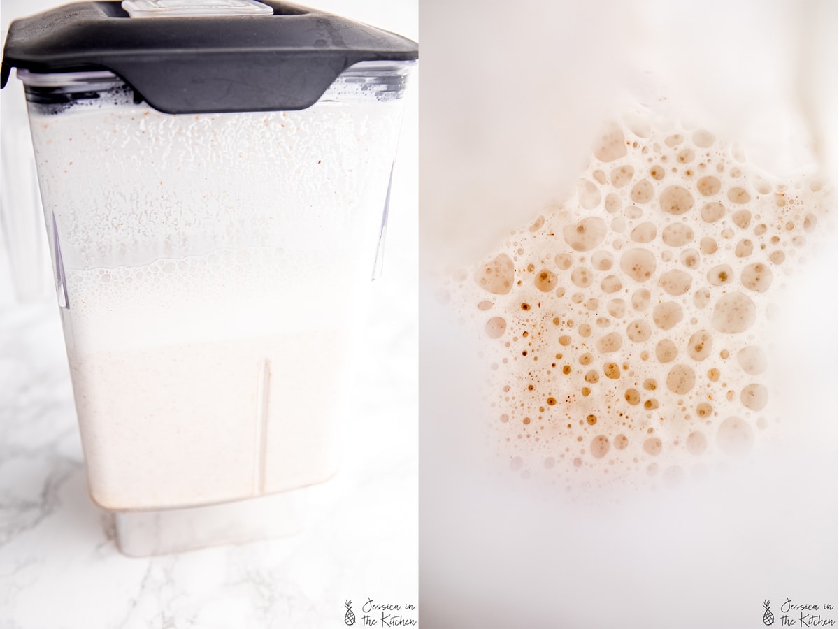 Side by side photo of blended almond milk and a close up of almond milk in the nut bag.