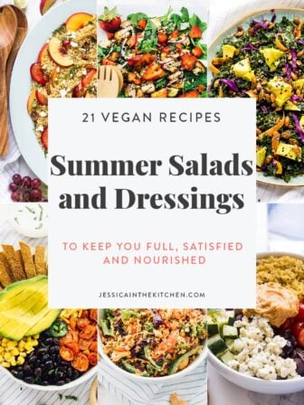 Graphic of six salad photos with graphic describing overall roundup of summer salads.