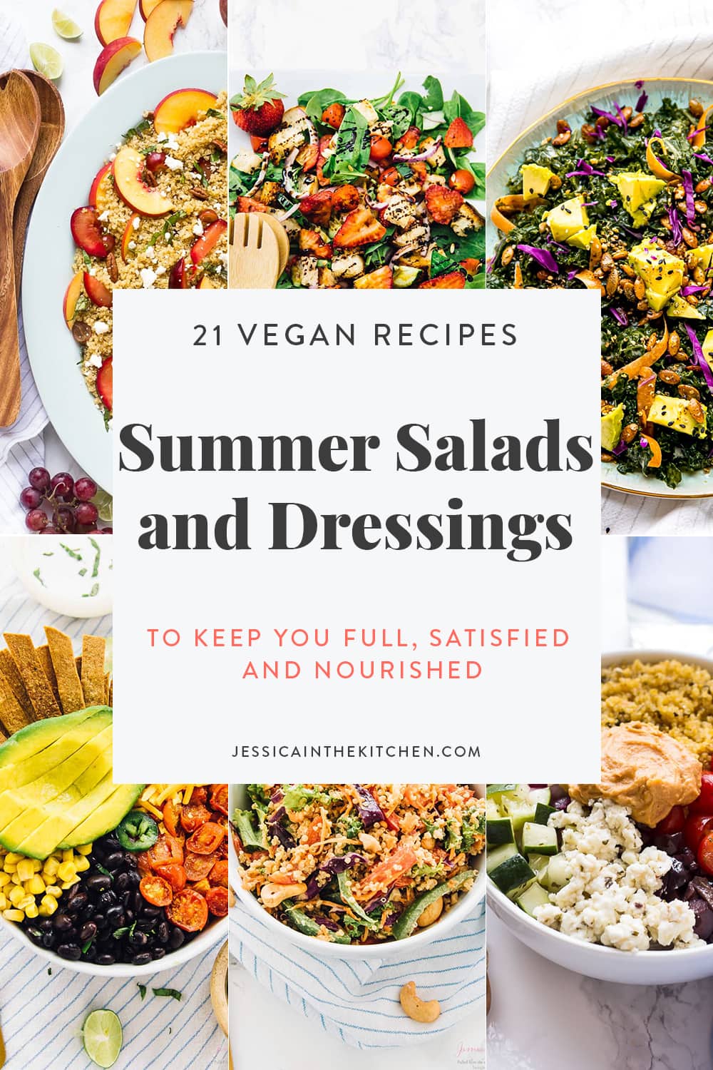 Graphic of six salad photos with graphic describing overall roundup of summer salads.