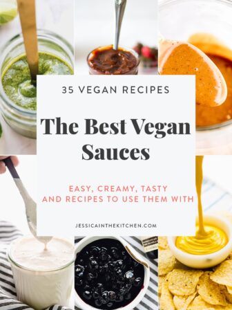 Image of six photos of vegan sauces with text for Pinterest for the sauce roundup describing the sauces.