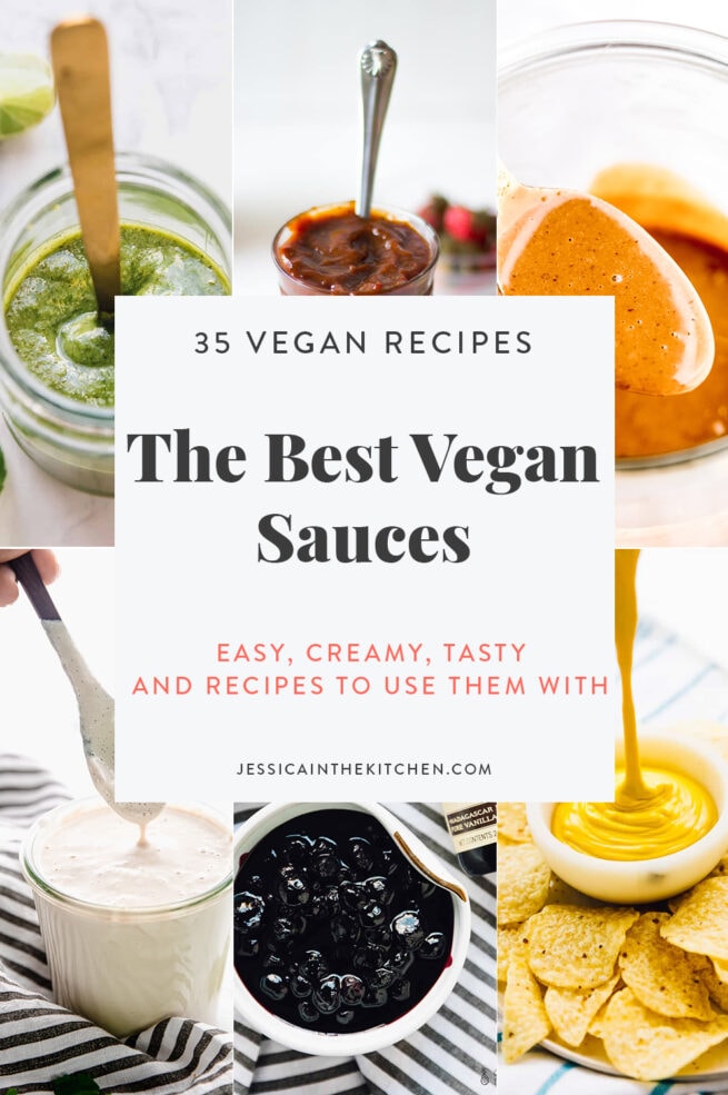 Image of six photos of vegan sauces with text for Pinterest for the sauce roundup describing the sauces.