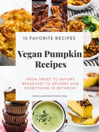 An montage of six photos of vegan pumpkin recipes with text for Pinterest for the sauce roundup describing the recipes.