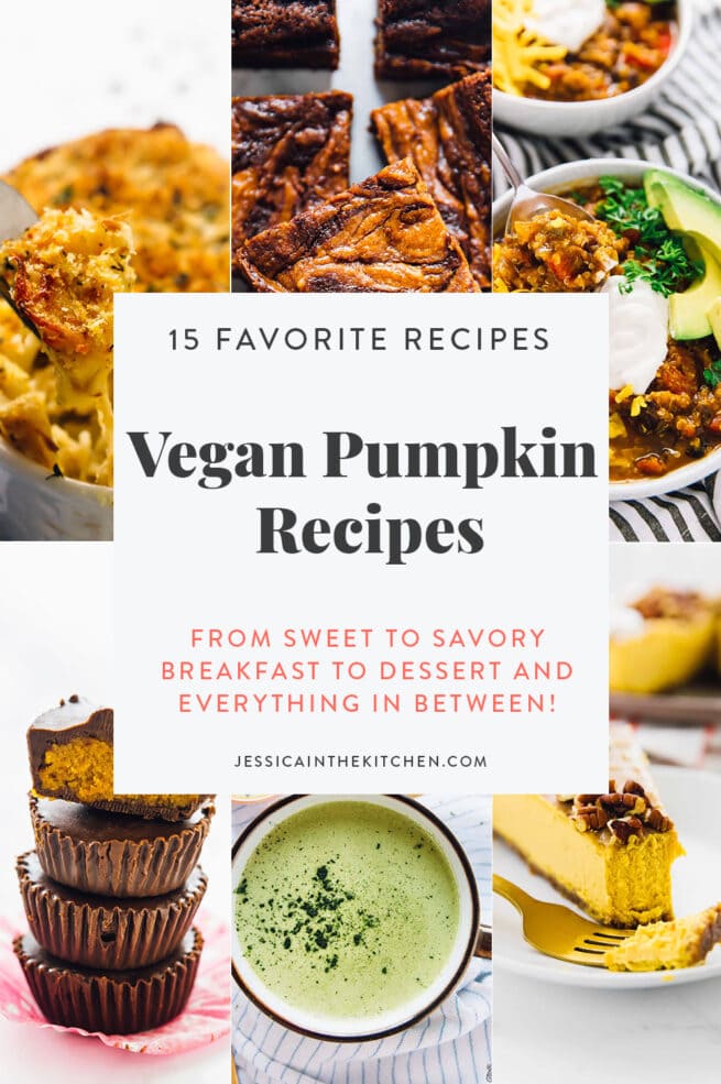 An montage of six photos of vegan pumpkin recipes with text for Pinterest for the sauce roundup describing the recipes.