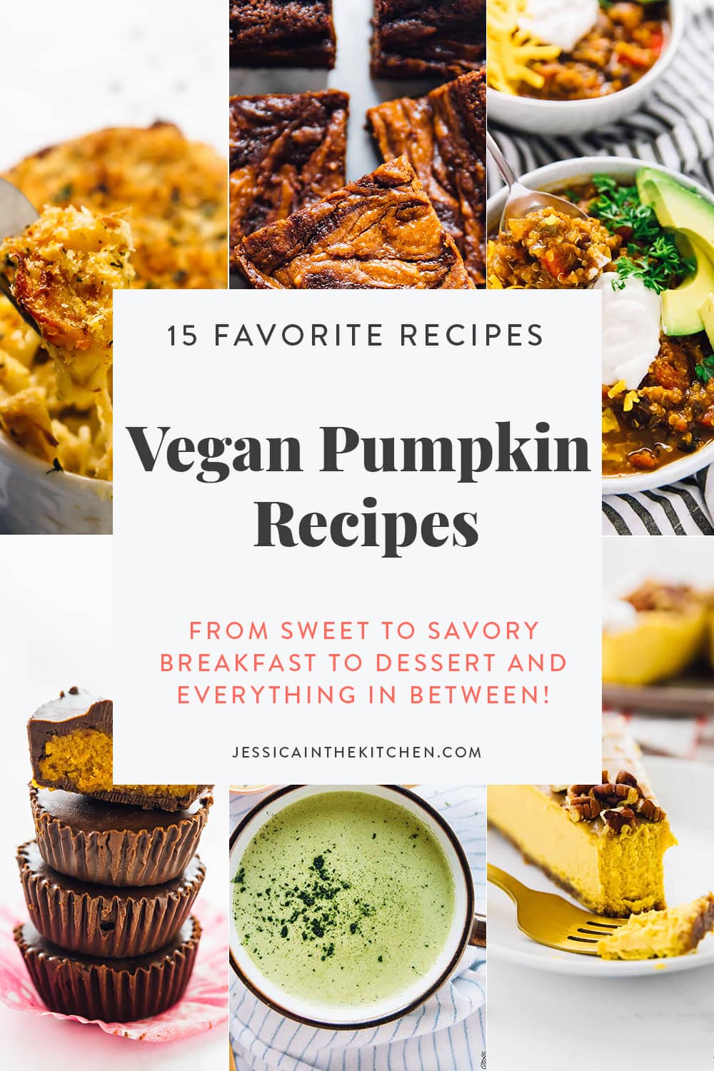 Image of six photos of vegan pumpkin recipes with text for Pinterest for the sauce roundup describing the recipes.