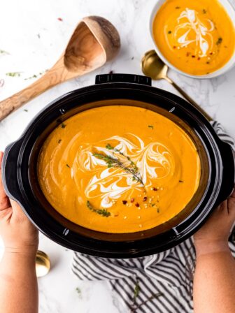 Pumpkin soup in a crockpot.