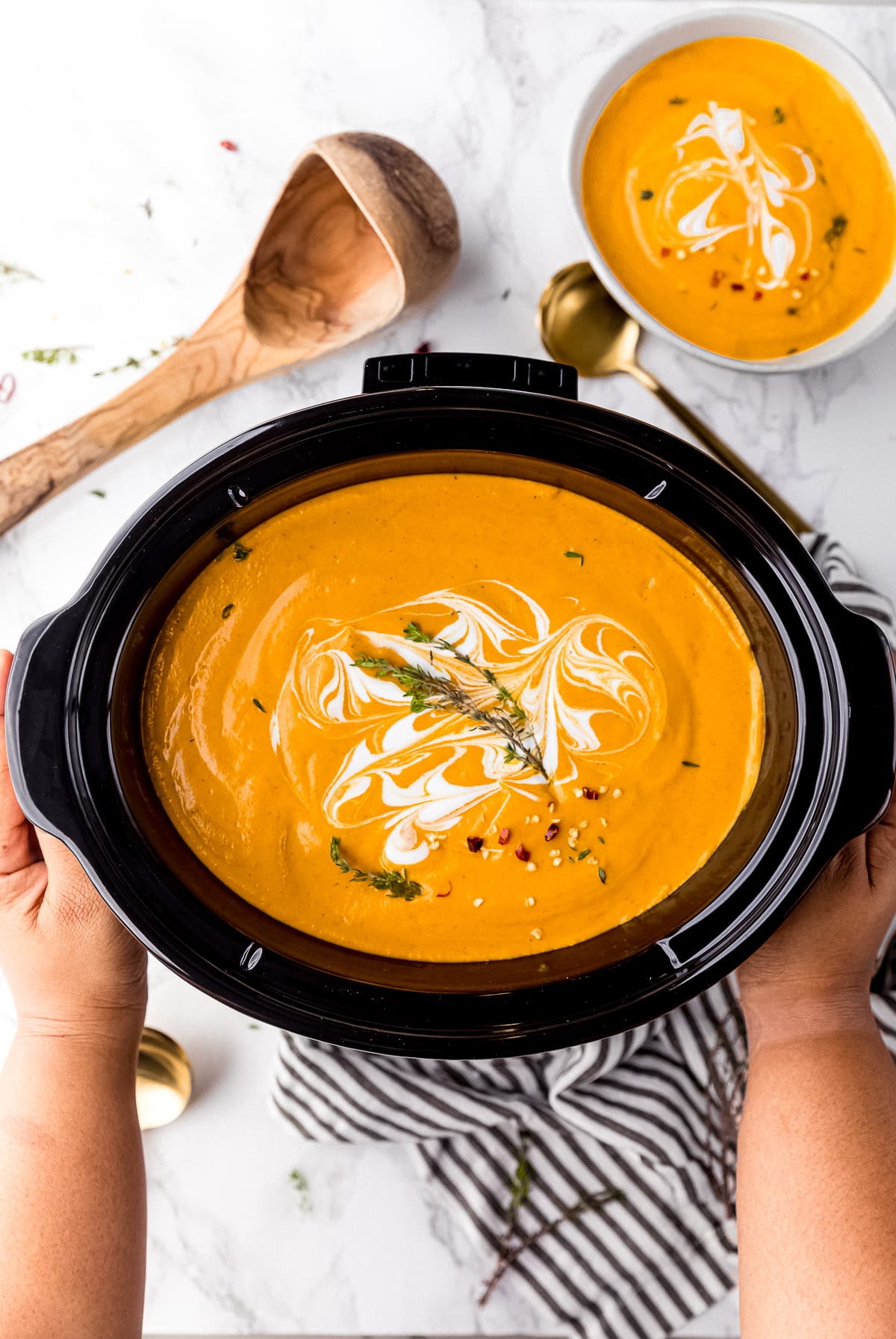 Pumpkin soup in a crockpot.