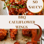 long pin of cauliflower on a plate and on the sheet pan with text in between describing them