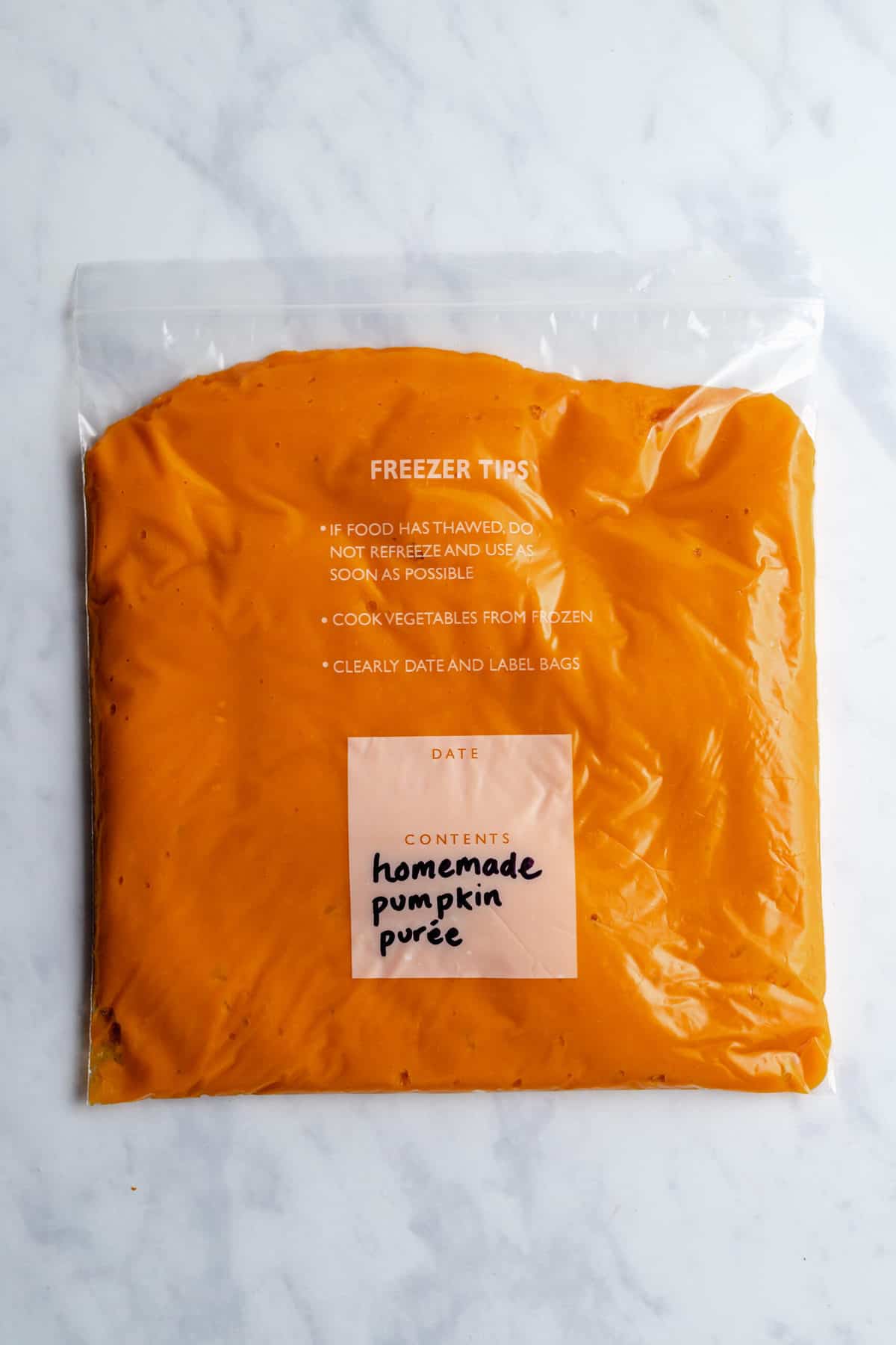 pumpkin puree in a zipped bag