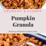 two images of pumpkin granola with text in the centre