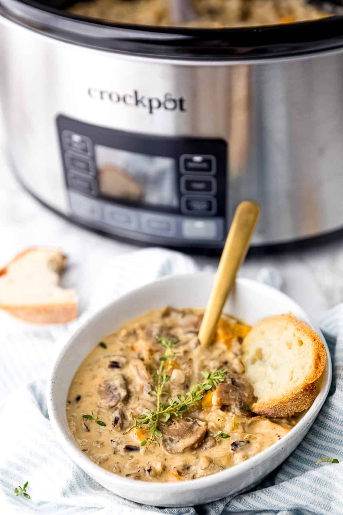 Crockpot in the background of a bowl of soup.