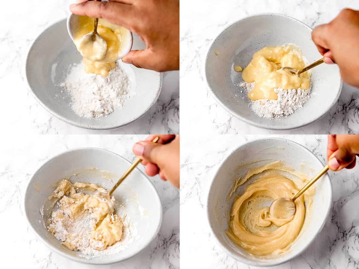 Step by step shots of mixing ingredients in a bowl.