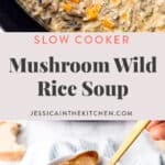 two images of mushroom wild rice soup one in the Crockpot other in bowl