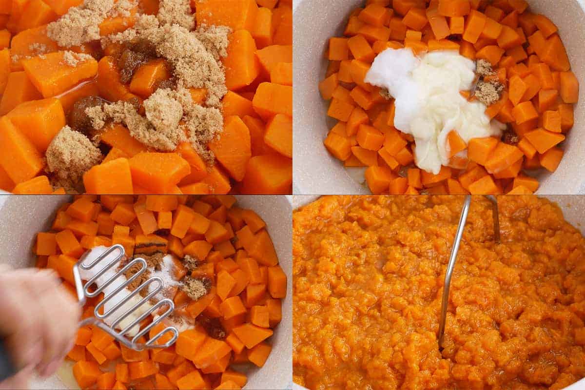 Mashing sweet potatoes in a pot step by step photos of making recipe.