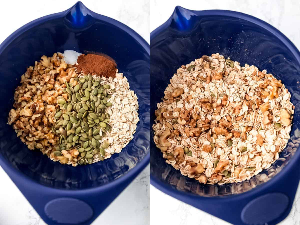 Step by step photos of how to make pumpkin granola.