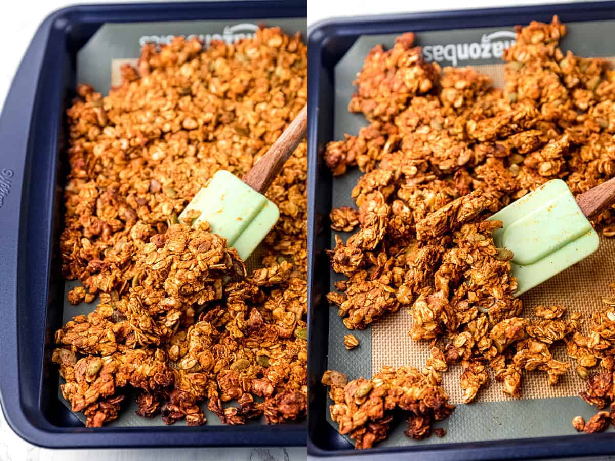 Side by side shots of a spatual breaking up the granola on the baking sheet. 