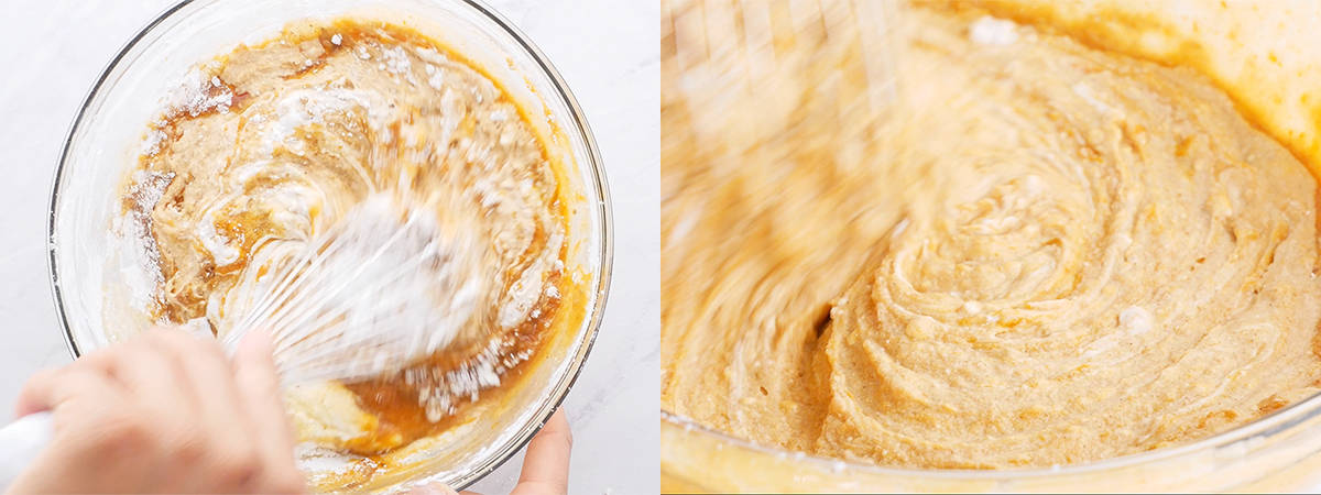 Side by side shots of whisking pumpkin pie filling mixture.