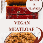long pin of meatloaf with finished product and ingredients in food processor with text