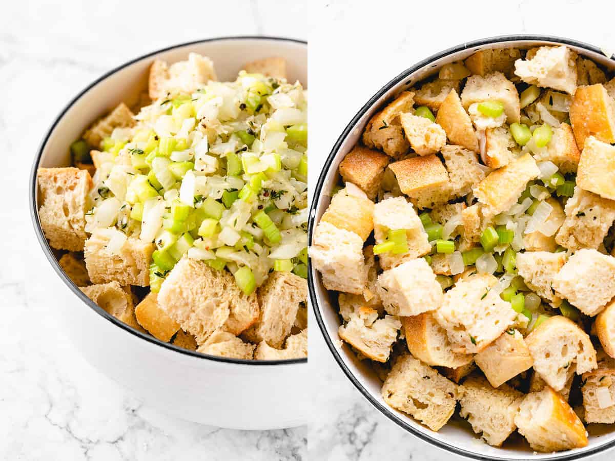 stuffing ingredients cooked down veggies and bread in bowl to mix