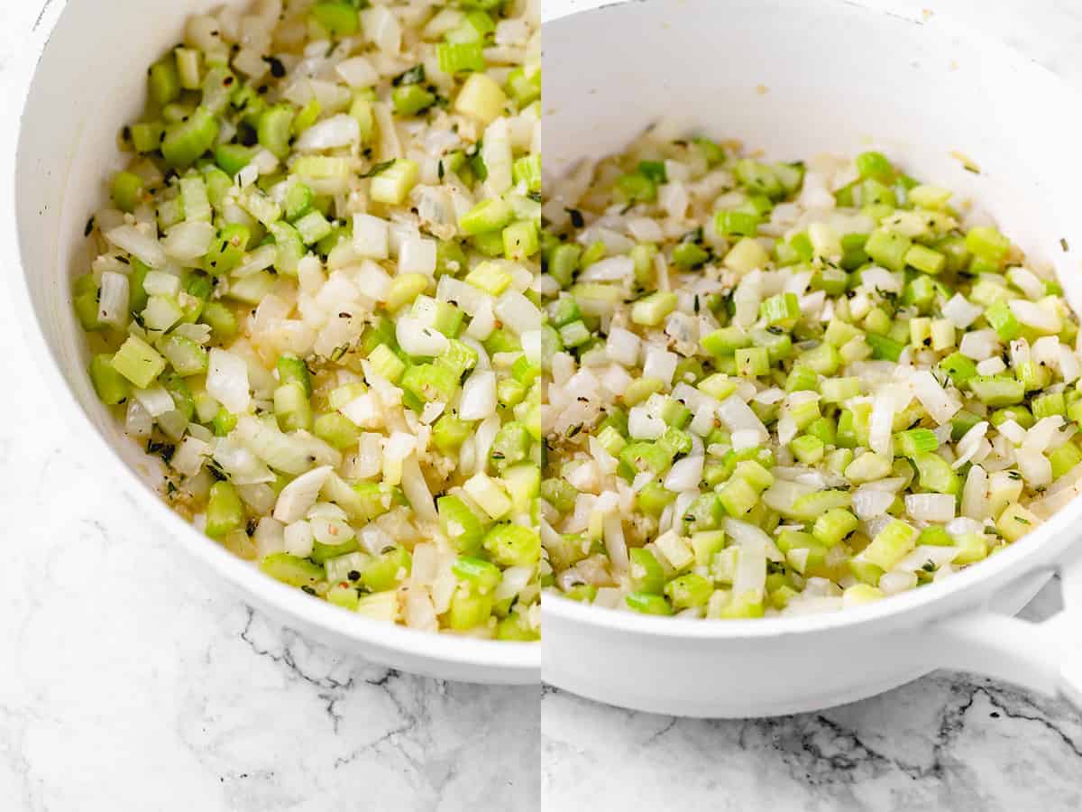 finished sautéed down veggies in a pan side by side