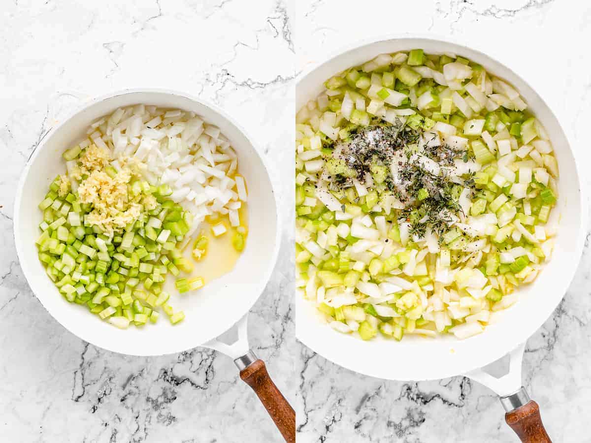 cooked down veggies in a pan side by side shots