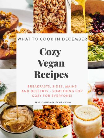 roundup graphic of cozy vegan recipes featuring 6 images and text