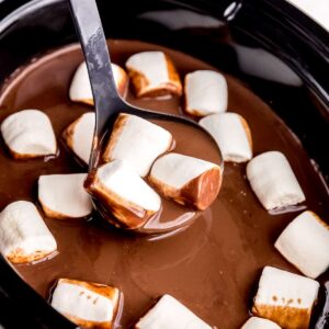 a ladle in a slow cooker filled with hot cocoa and vegan marshmallows with some cocoa and three marshmallows on ladle