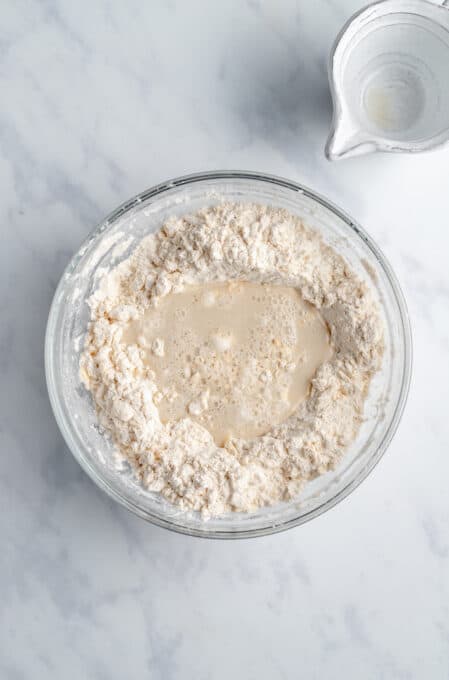 A Mound of the Dry Biscuit Ingredients with Vegan Milk in the Center