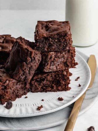 Brownie squares in a stack.