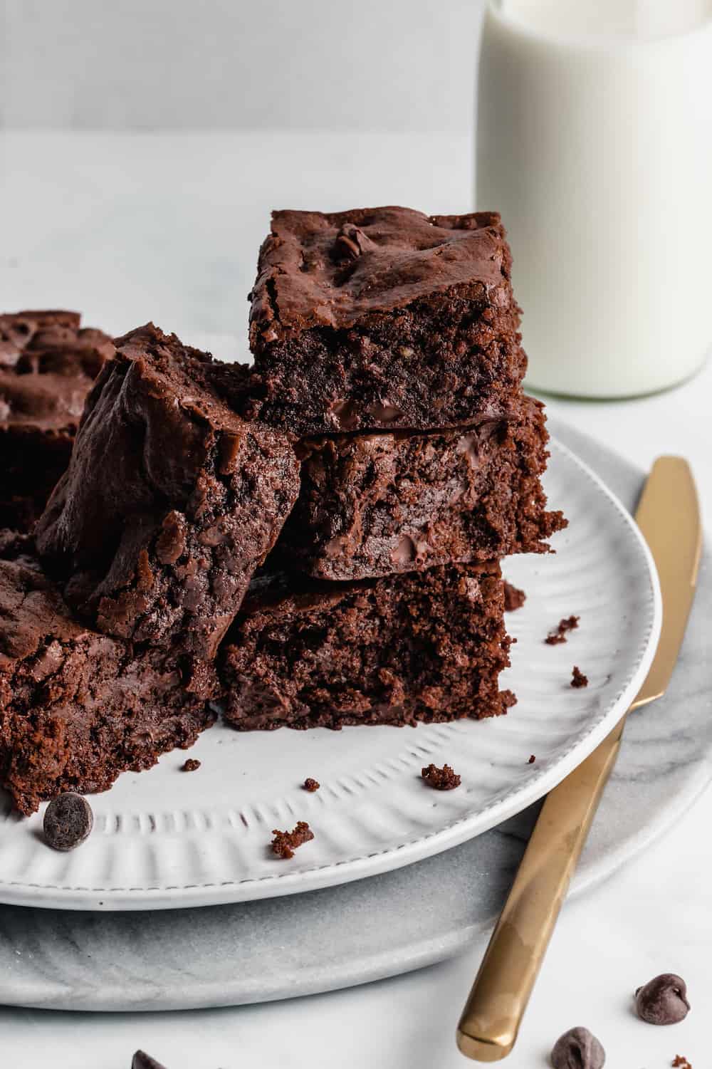 Brownie squares in a stack.