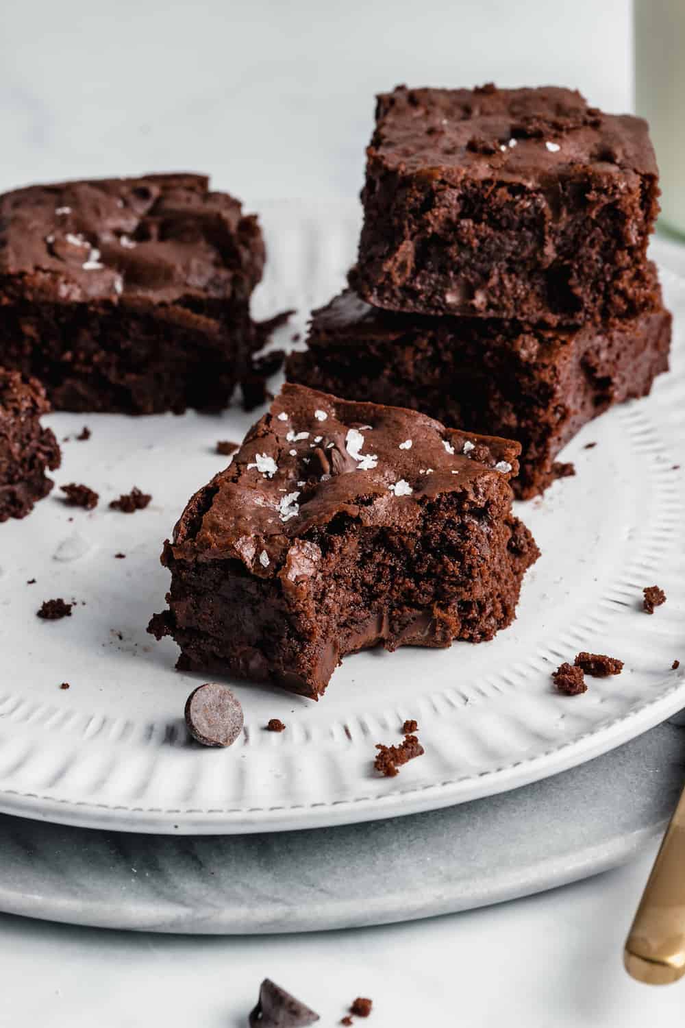 Plate of chocolate chip brownies.