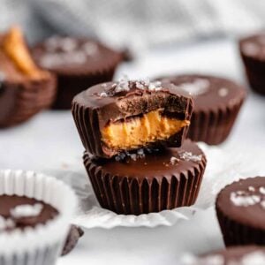 A Stack of Two Peanut Butter Cups Topped with a Sprinkle of Sea Salt