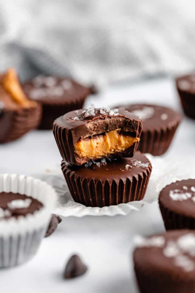 A Stack of Two Peanut Butter Cups Topped with a Sprinkle of Sea Salt