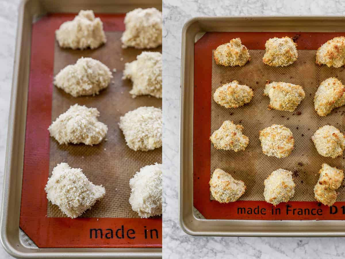 step by step showing raw breaded cauliflower to baked version