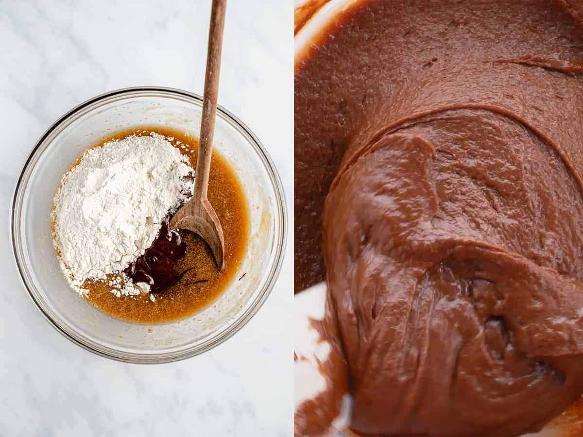 step by step photos showing mixing of brownie ingredients