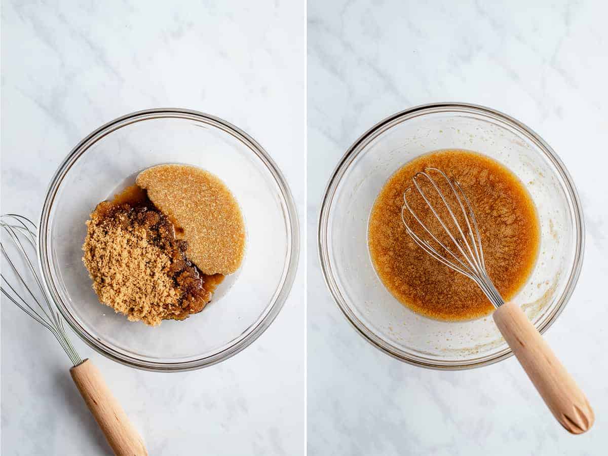 Brown sugar and oil in a bowl whisk step by step photo showing it mixed in