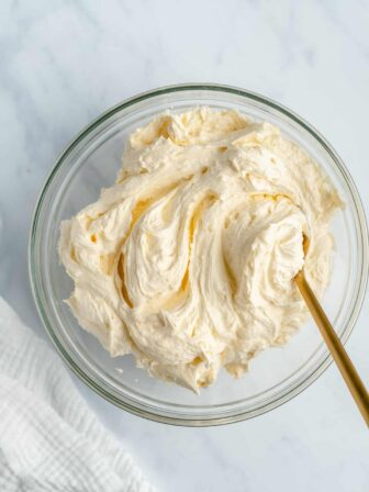 vegan buttercream frosting whipped in a bowl