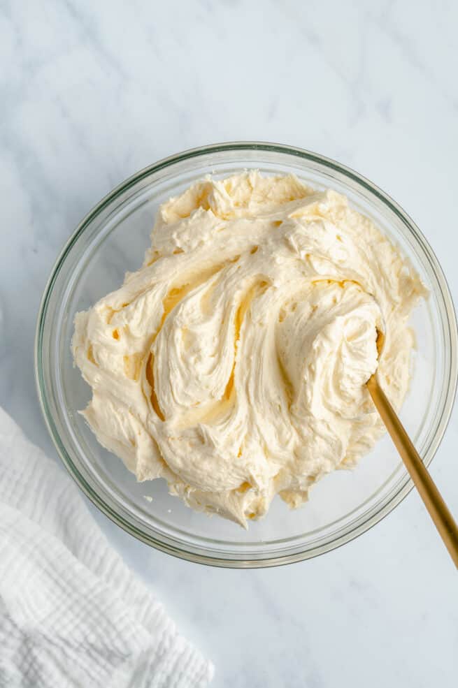 vegan buttercream frosting whipped in a bowl