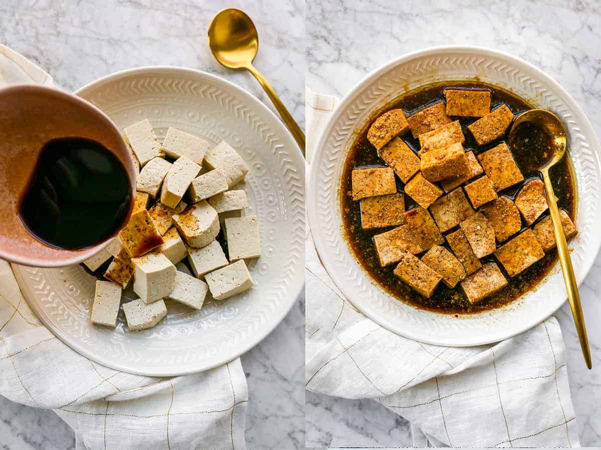 step by step photos showing making marinated tofu