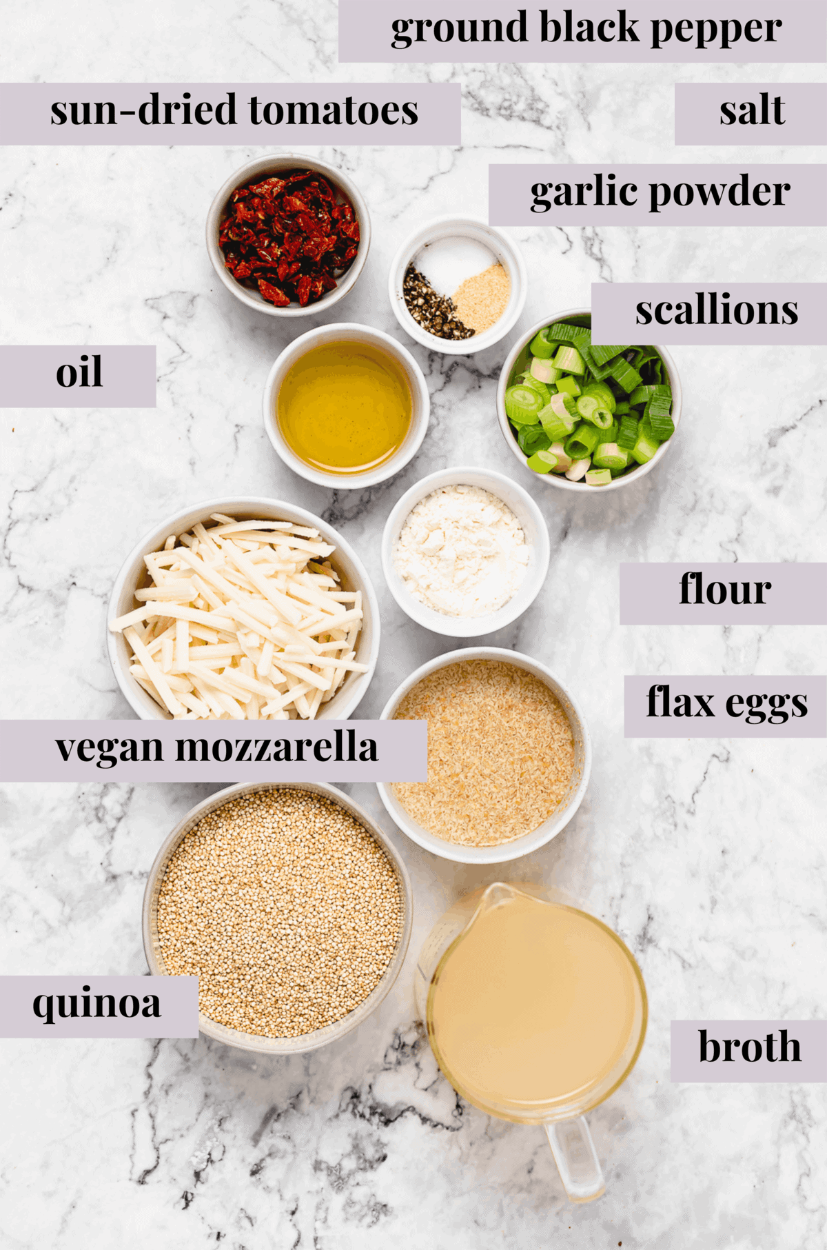 Bowls of quinoa, flax eggs, flour, scallions, and seasonings for vegan veggie burgers