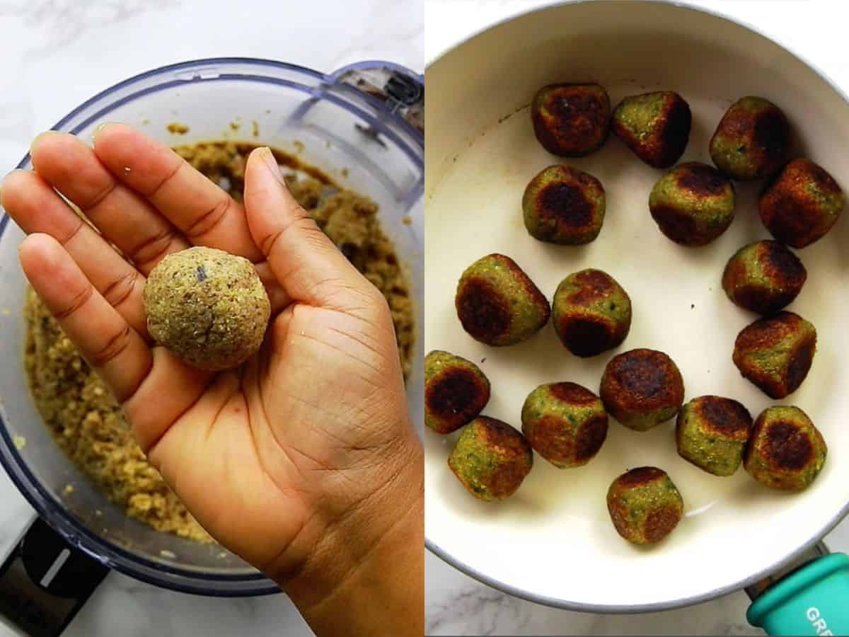 A hand holding a vegetarian meatballs on the left, a pan of browned meatballs on the right