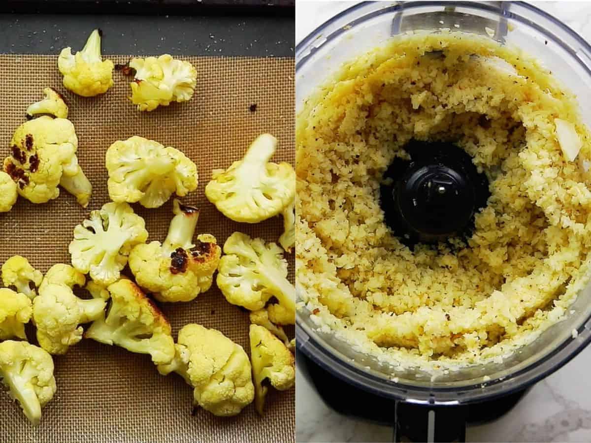 Roasted cauliflower bites on the left, and riced cauliflower in a food processor on the right
