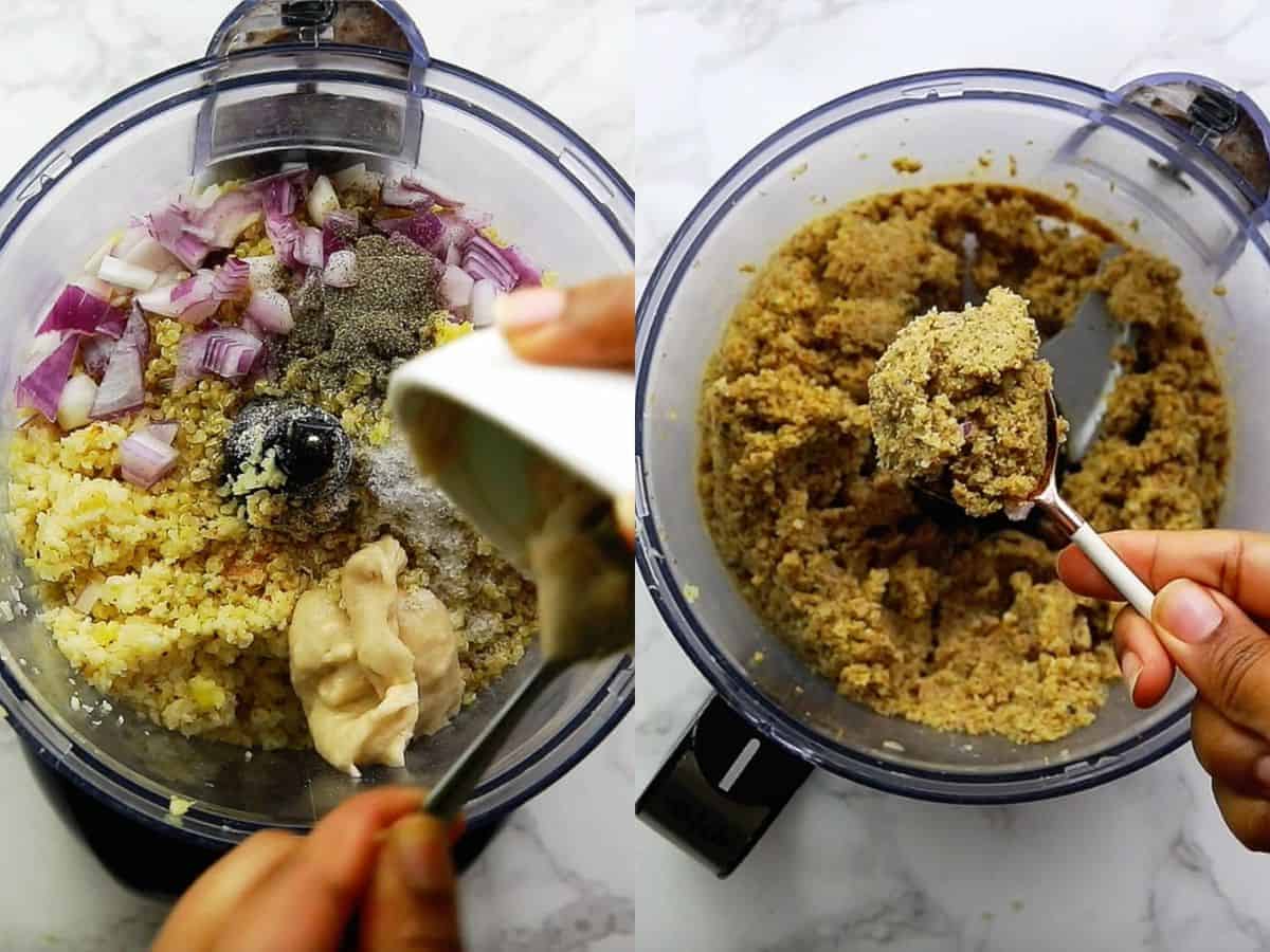 Ingredients to make vegan meatballs on the left, pulsed veggie meatball filling on the right