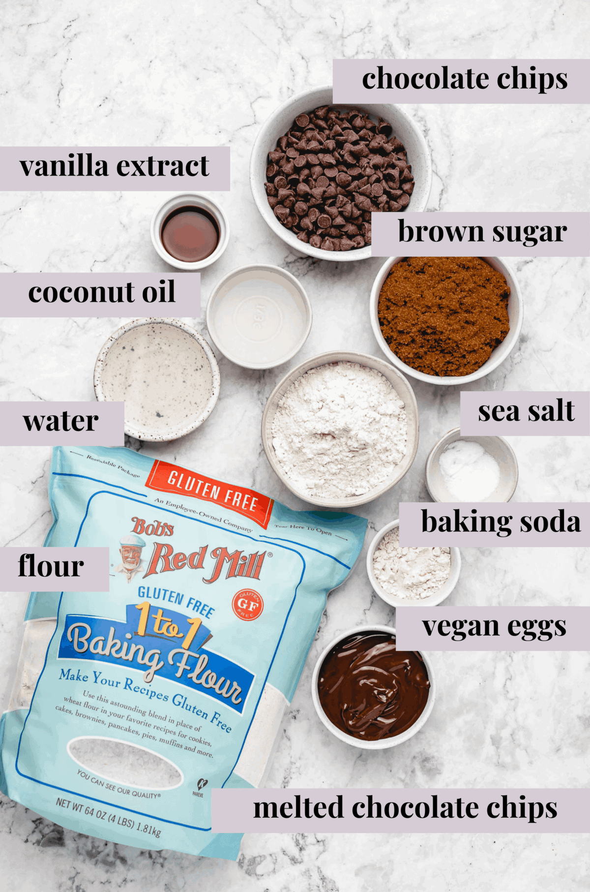 ingredients for gluten free brownies vegan with labels