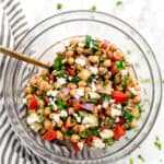 Mediterranean chickpea salad in a bowl.