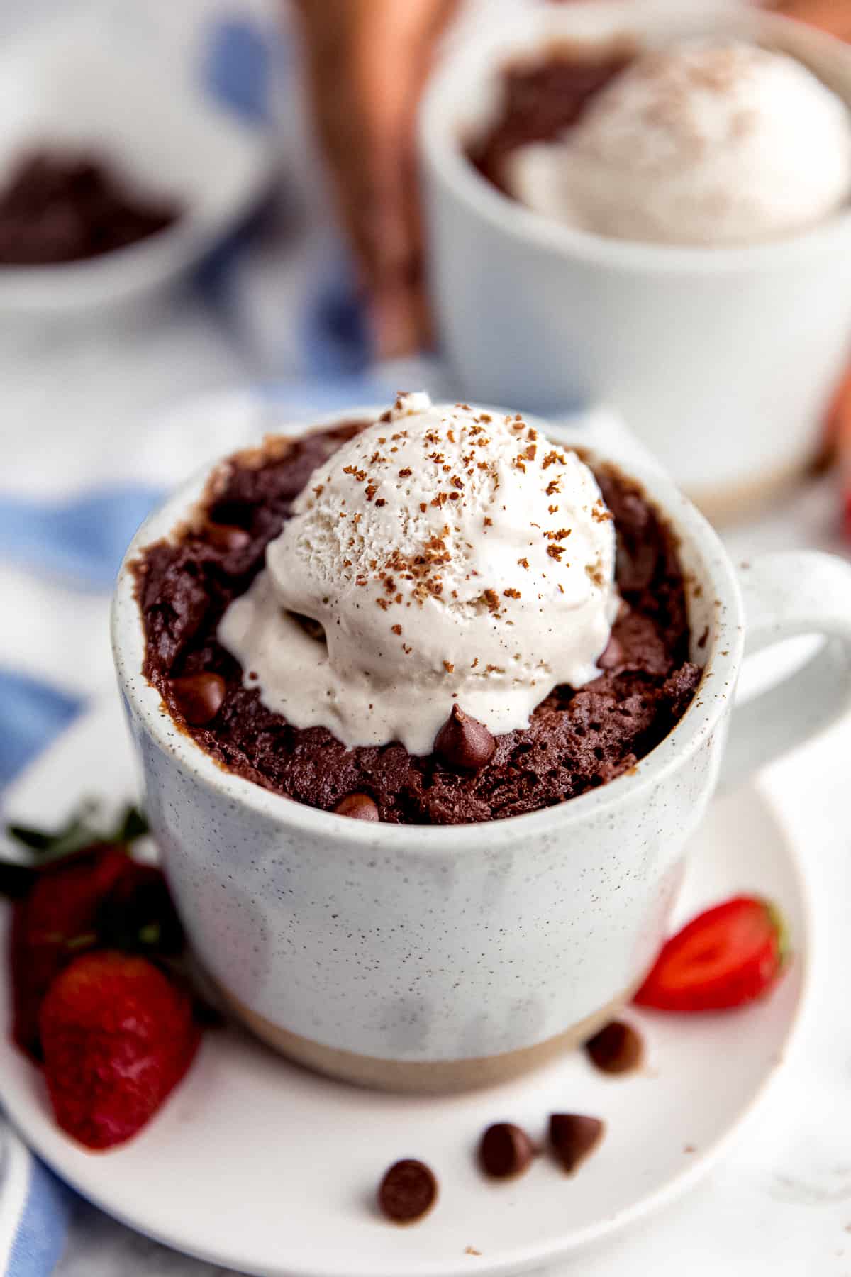 Fudgy mug brownie with vanilla ice cream.