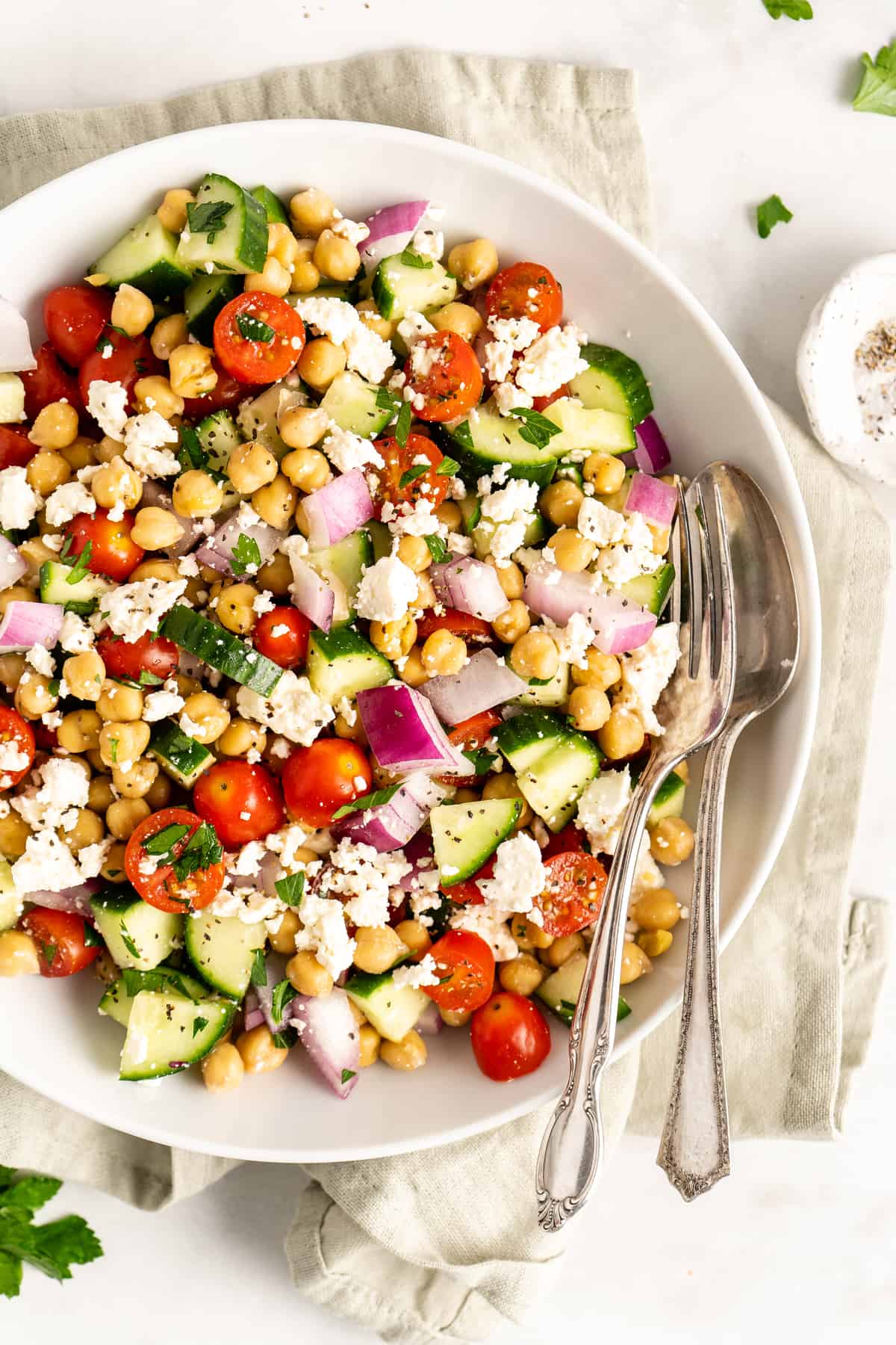 Mediterranean chickpea salad in a bowl.