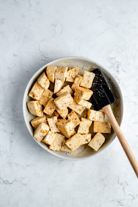 Marinated cubes of tofu.