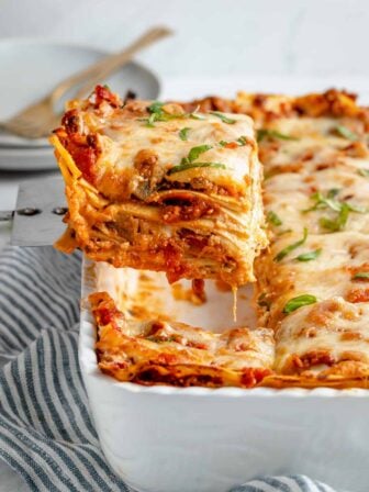 A serving of cheesy vegan lasagna.
