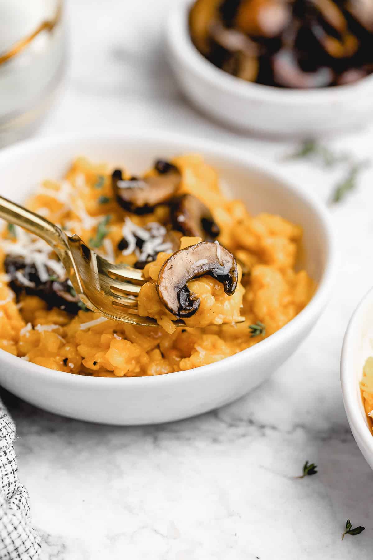 Bowl of mushroom risotto with parmesan cheese.
